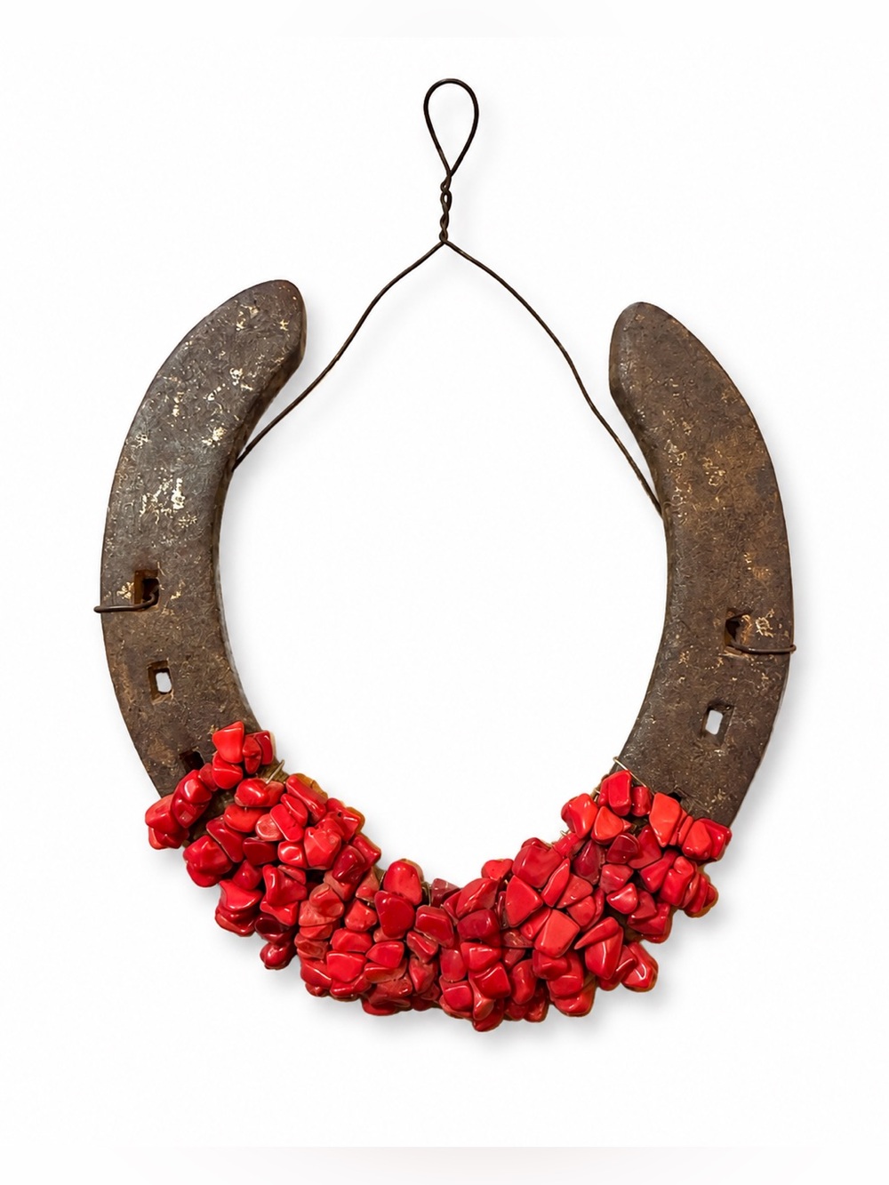 Vintage Handmade Horseshoe Wall Hanging with Red Stone Decor